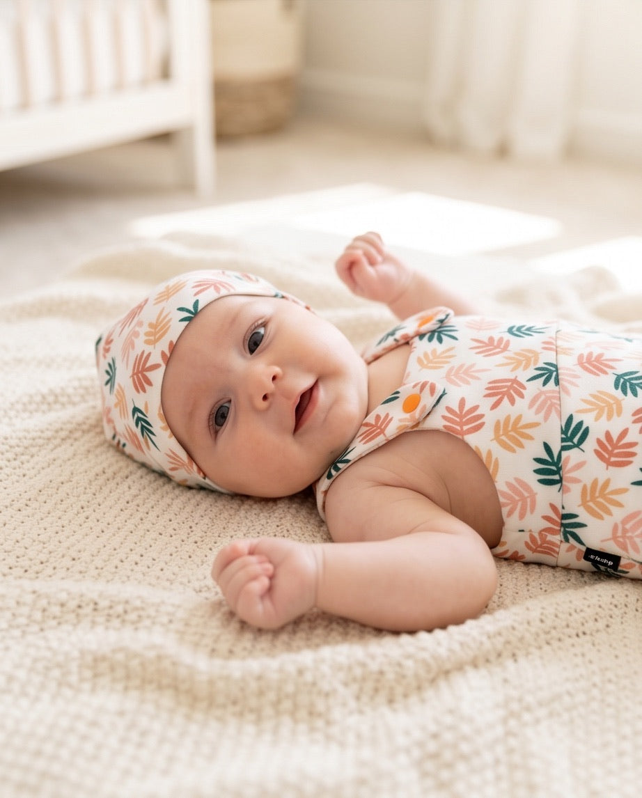 BIO Babyset Latzhose & Mütze Blätter