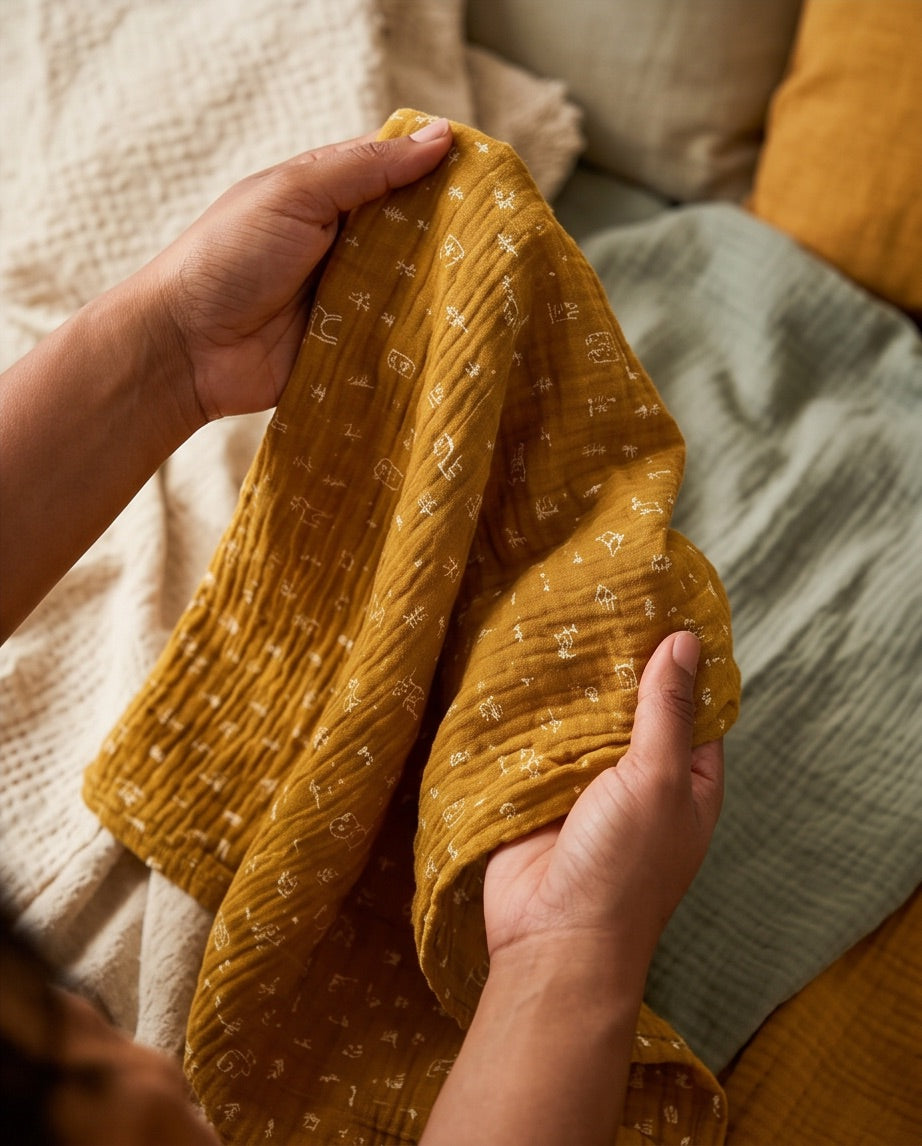 BIO Musselin Babydecke weisser Aufdruck div. Farben - By:ga Mode
