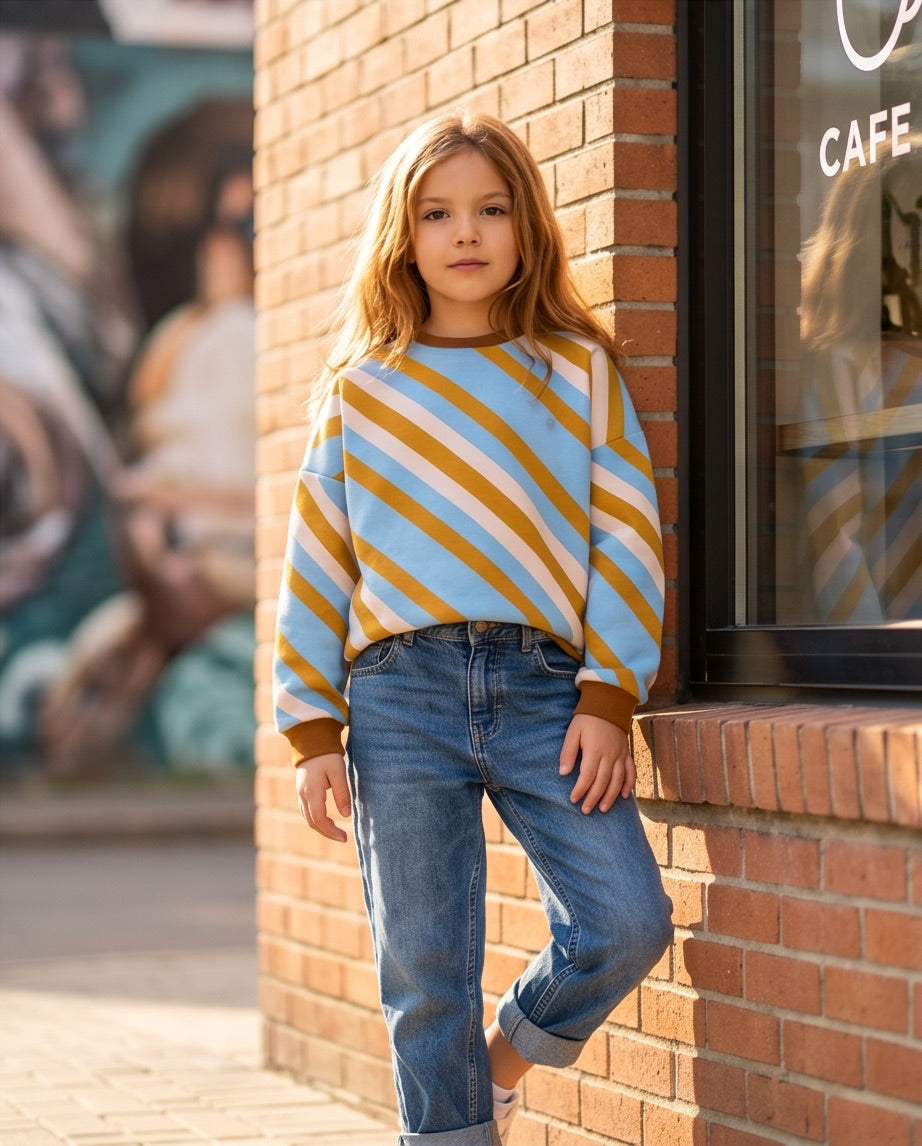 Sweatshirt hellblau ocker gestreift