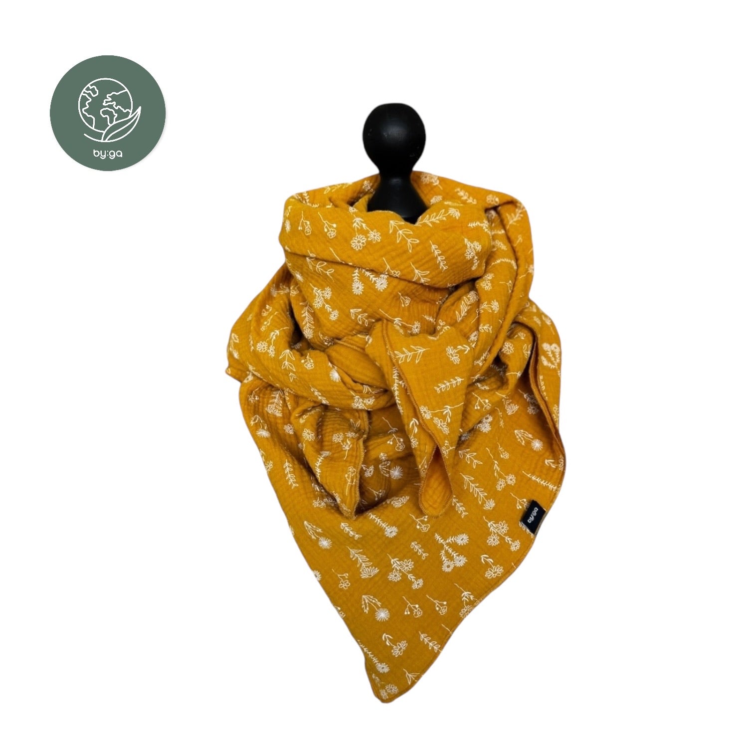 BIO Musselinschal senf mit weissen Blumen