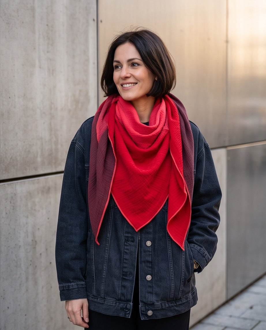 BIO Musselinschal rot/dunkelrot/pink/koralle