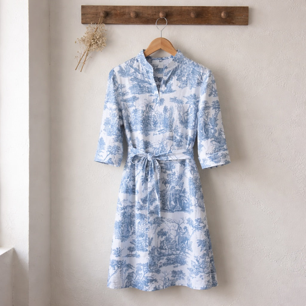 BIO Wickelkleid kurz, blau, weiss
