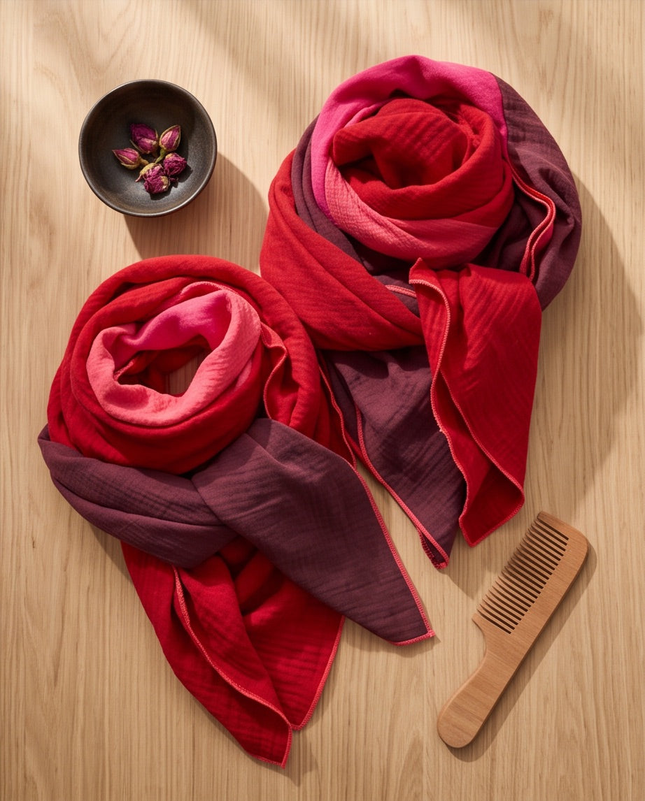 BIO Musselinschal rot/dunkelrot/pink/koralle