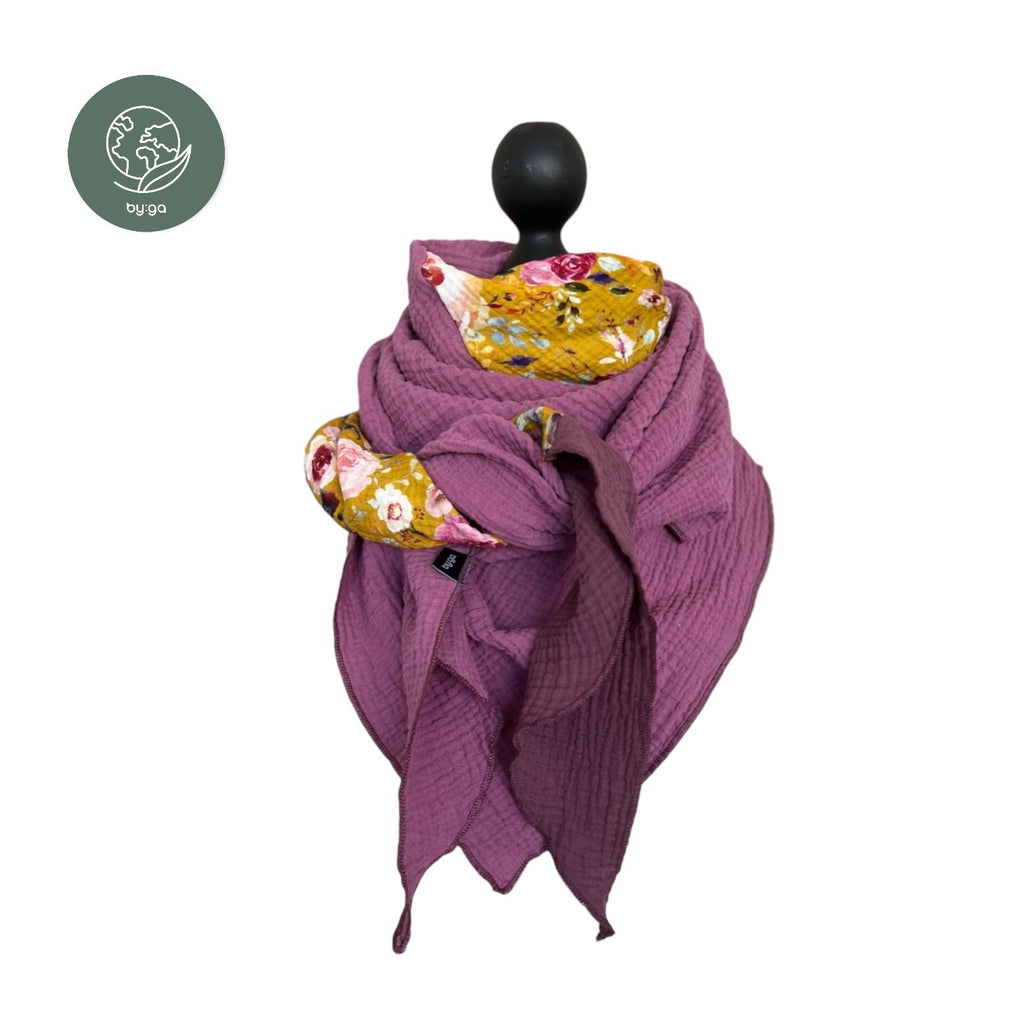 BIO Dreieckstuch lila/senfblumen/aubergine