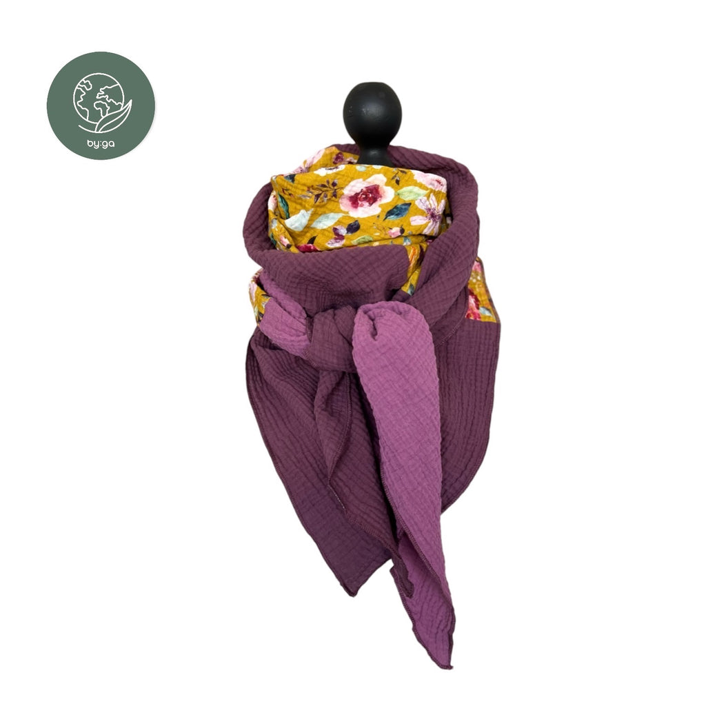 BIO Dreieckstuch lila/senfblumen/aubergine